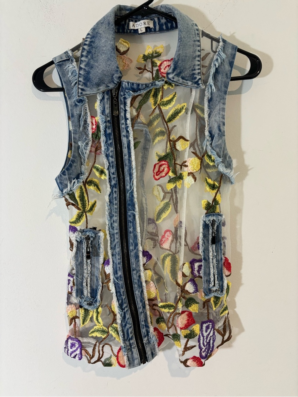 Adore Women Large Sleeveless Sheer Embroidered Floral Denim Vest Western Casual